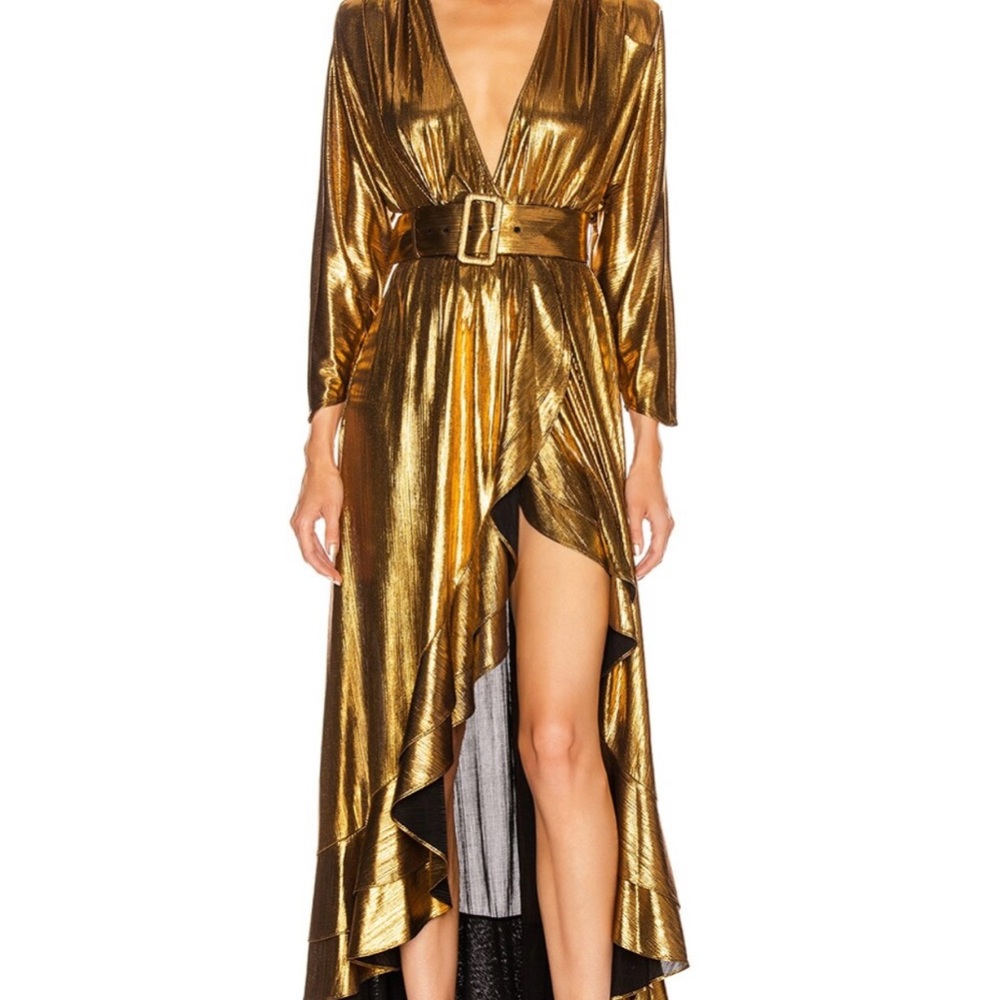 Retrofete Gold Asymmetrical Long Sleeve Gown